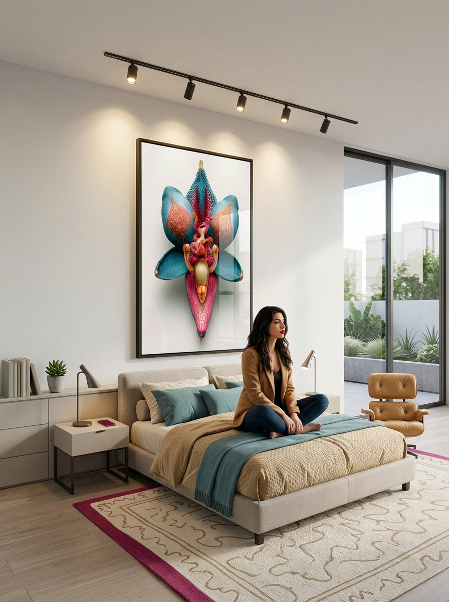 Tableau déco aluminium HD Orchidée Brodée exposé dans une chambre