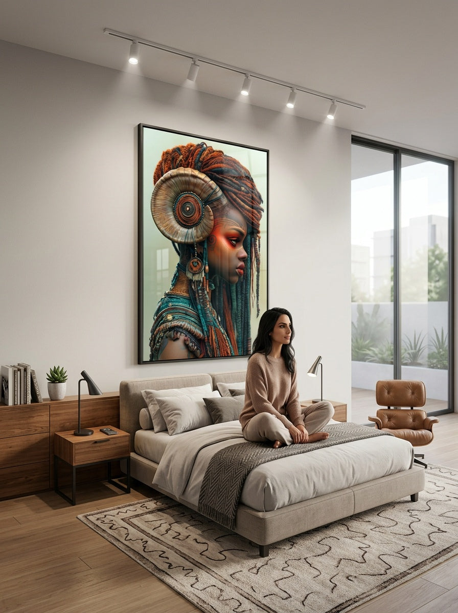 Tableau déco aluminium HD Reine de Cuivre exposé dans une chambre