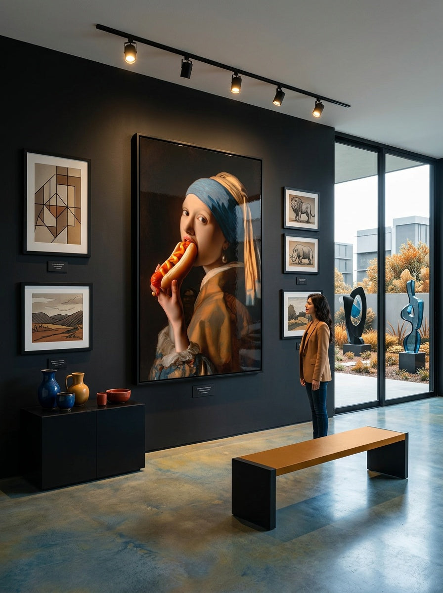 Tableau déco aluminium HD La Jeune Fille au Hot-Dog exposé dans une galerie d'art