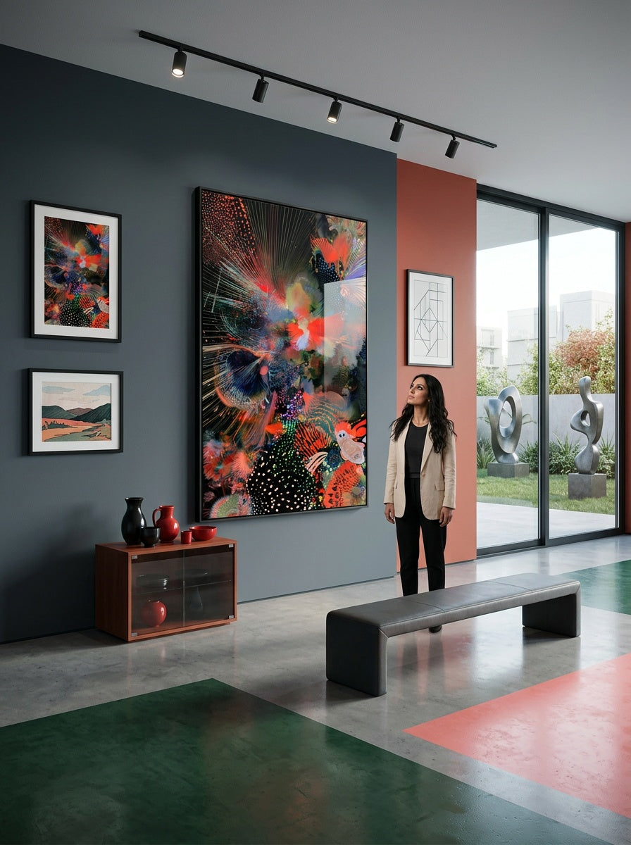 Tableau déco aluminium HD Explosion Digitale exposé dans une galerie d'art