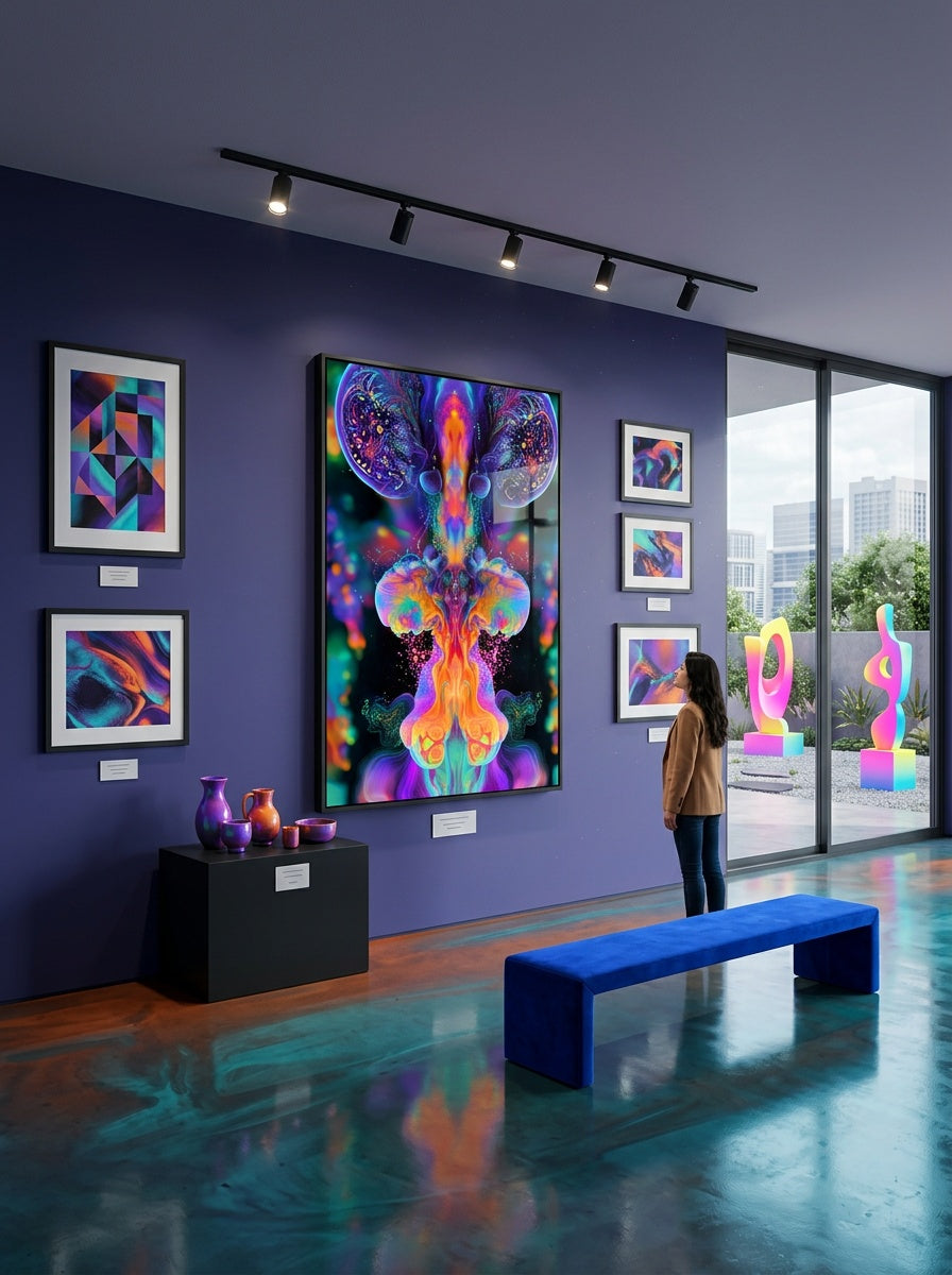 Tableau déco aluminium HD Métamorphose Néon exposé dans une galerie d'art