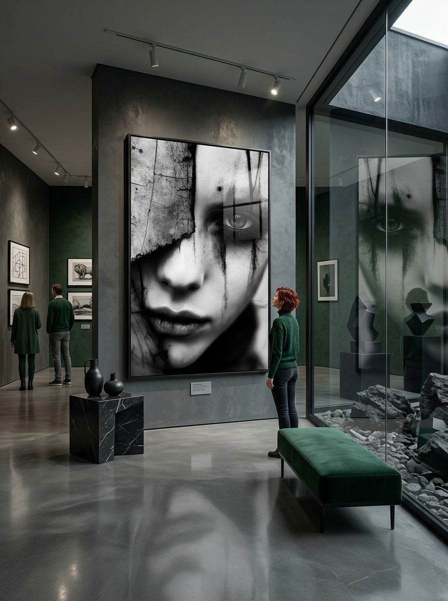 Tableau déco aluminium HD Larmes d'Encre exposé dans une galerie d'art