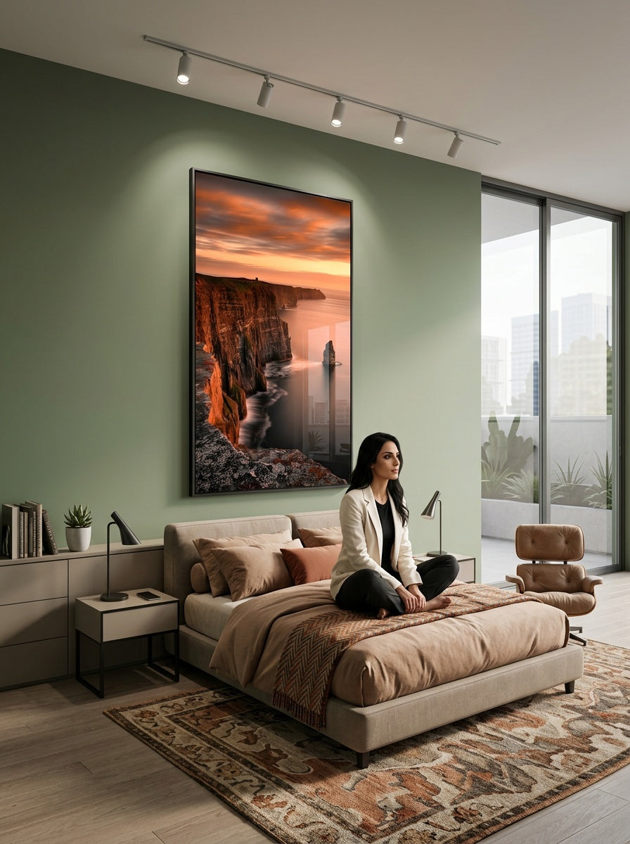 Tableau déco aluminium HD Aube sur Moher exposé dans une chambre