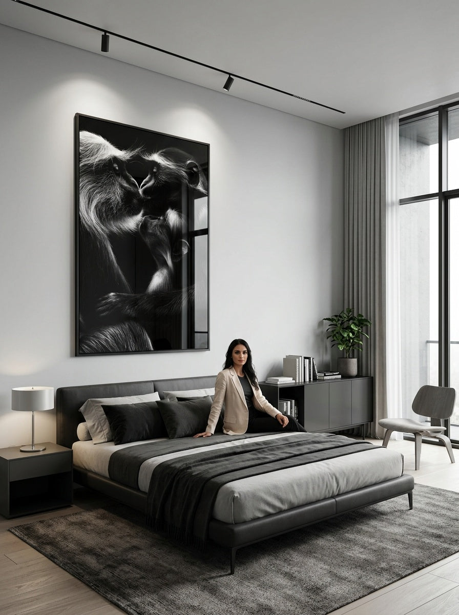 Tableau déco aluminium HD Tendresse Sauvage exposé dans une chambre