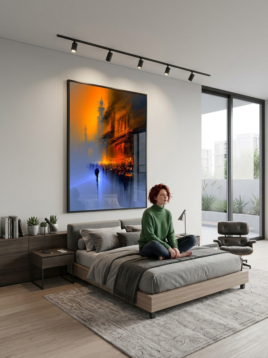 Tableau déco aluminium HD Scène Nocturne exposé dans une chambre