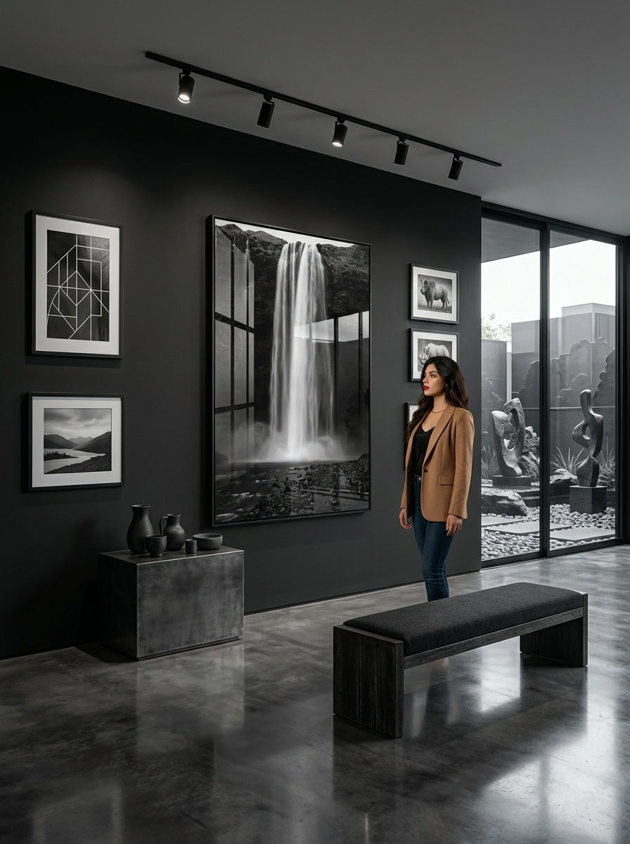 Tableau déco aluminium HD Cascade Nocturne exposé dans une galerie d'art