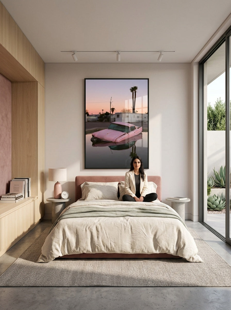 Tableau déco aluminium HD Voiture Submergée exposé dans une chambre