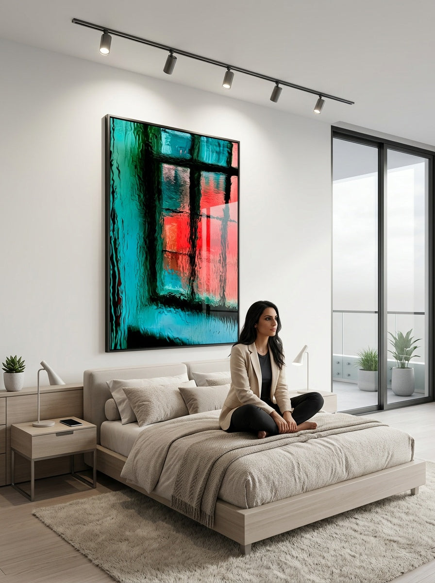Tableau déco aluminium HD Reflet Pluvieux exposé dans une chambre