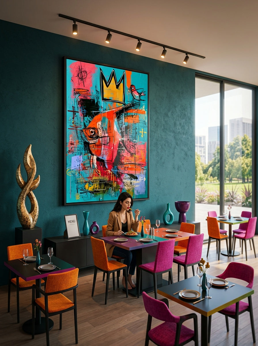 Tableau déco aluminium HD Poisson Roi exposé dans un restaurant