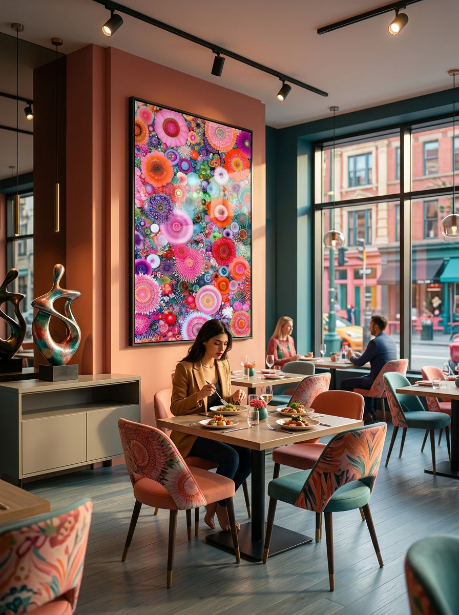 Tableau déco aluminium HD Kaléidoscope Floral exposé dans un restaurant