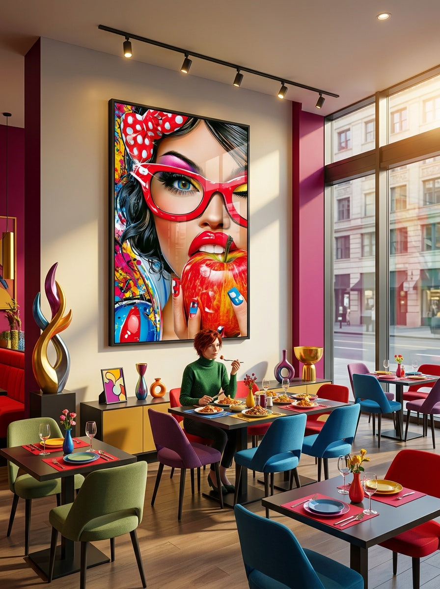 Tableau déco aluminium HD Pomme Défendue exposé dans un restaurant