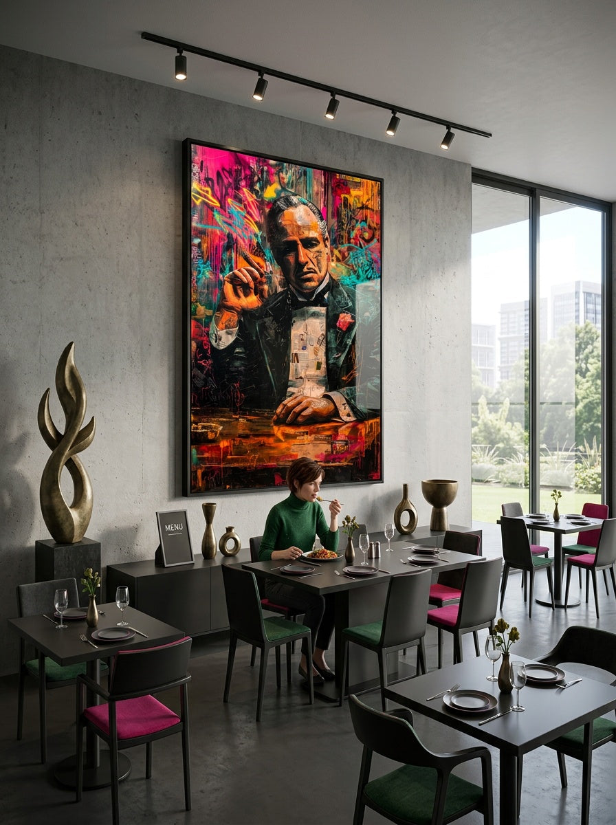 Tableau déco aluminium HD Parrain des Murs exposé dans un restaurant