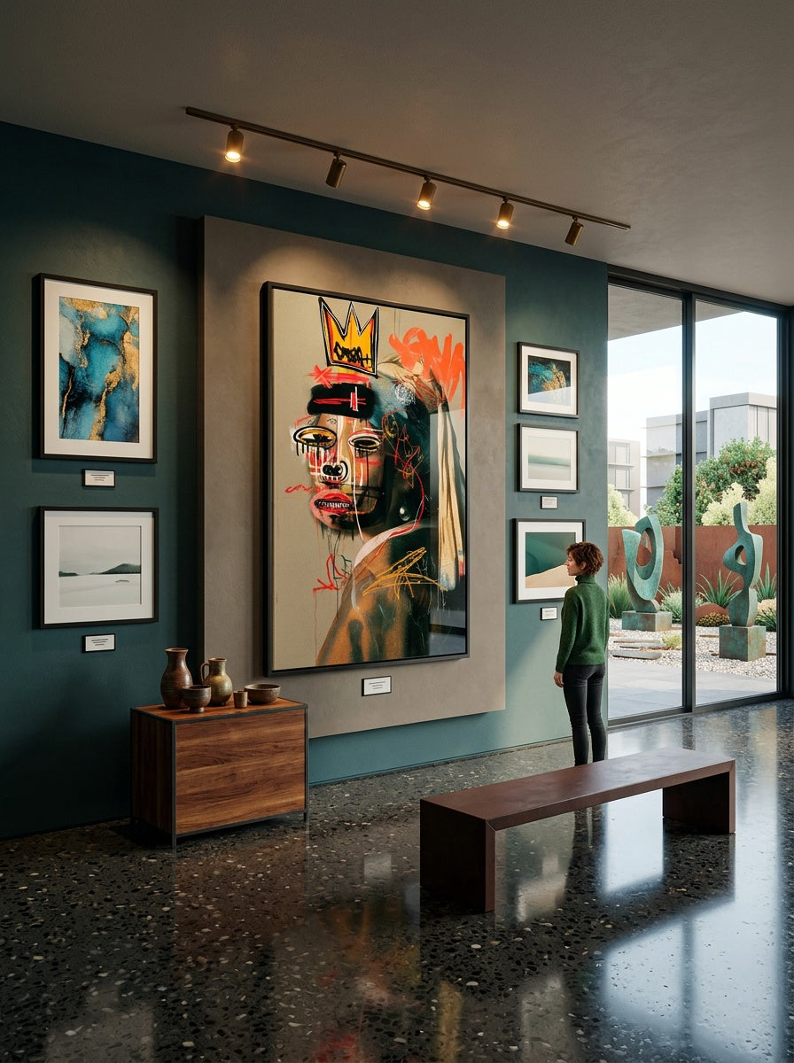 Tableau déco aluminium HD Perle Couronnée exposé dans une galerie d'art