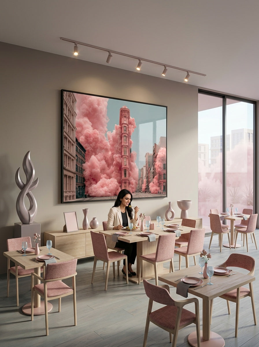 Tableau déco aluminium HD Fumée Rose exposé dans un restaurant