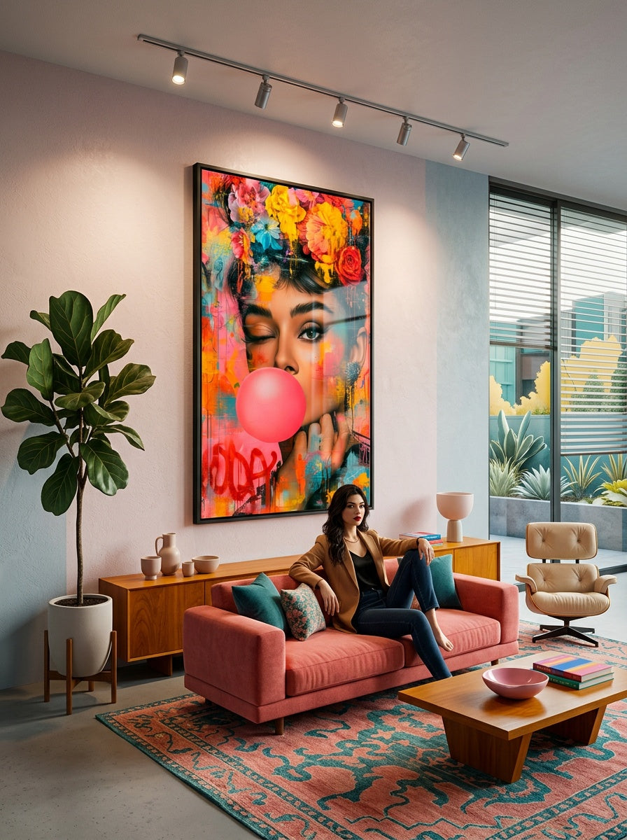Tableau déco aluminium HD Portrait Floral exposé dans une chambre