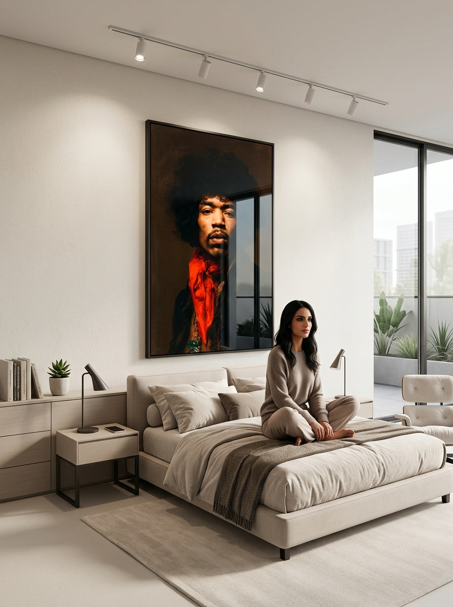 Tableau déco aluminium HD Jimi Hendrix exposé dans une chambre