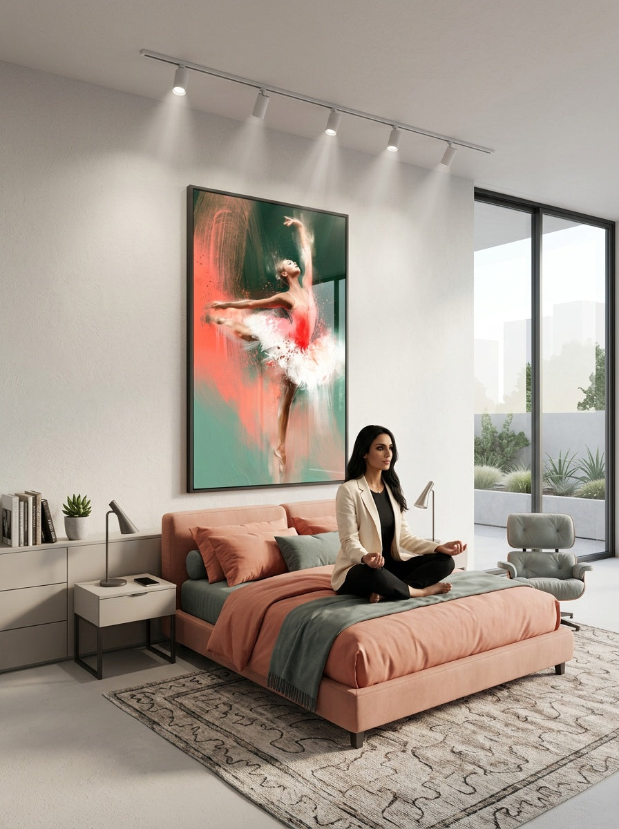 Tableau déco aluminium HD Envol Corail exposé dans une chambre
