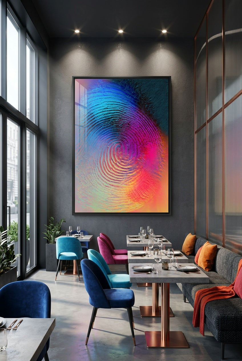 Décoration murale design en aluminium résistant, exposée dans un espace professionnel moderne. Un tableau en métal facile à nettoyer, parfait pour l'aménagement d'hôtels, de bureaux ou de salles d'attente médicales.