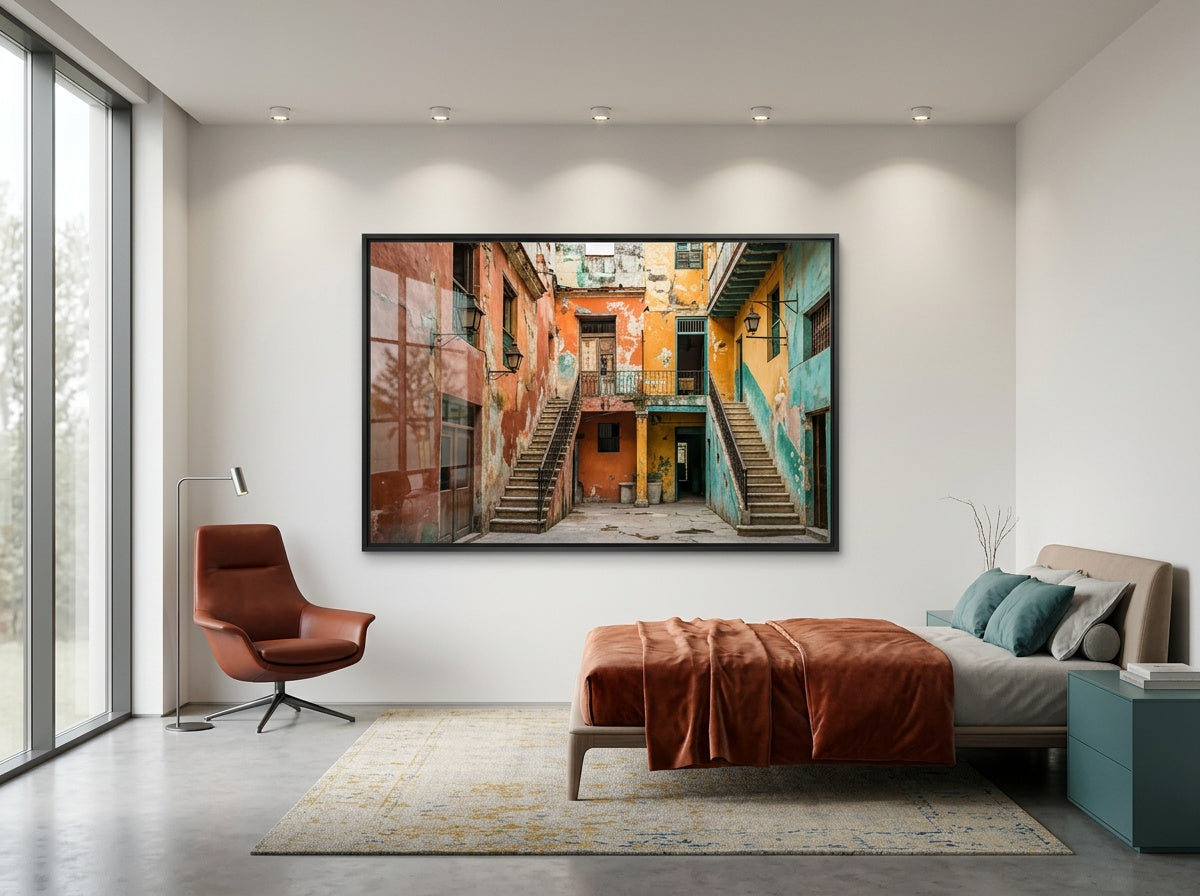 Décoration murale design en aluminium résistant, exposée dans un espace professionnel moderne. Un tableau en métal facile à nettoyer, parfait pour l'aménagement d'hôtels, de bureaux ou de salles d'attente médicales.