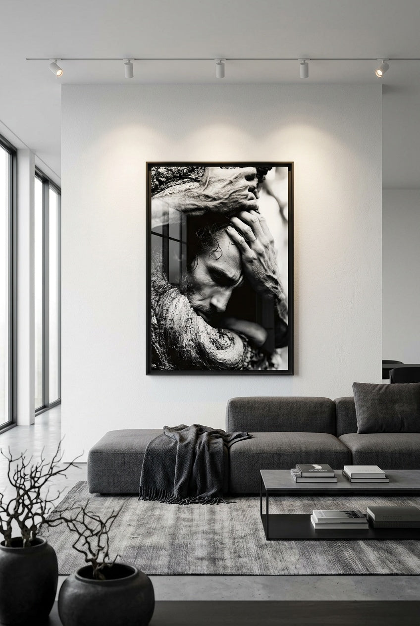 Grand tableau en aluminium HD représentant de l'art généré par IA, accroché aux murs.