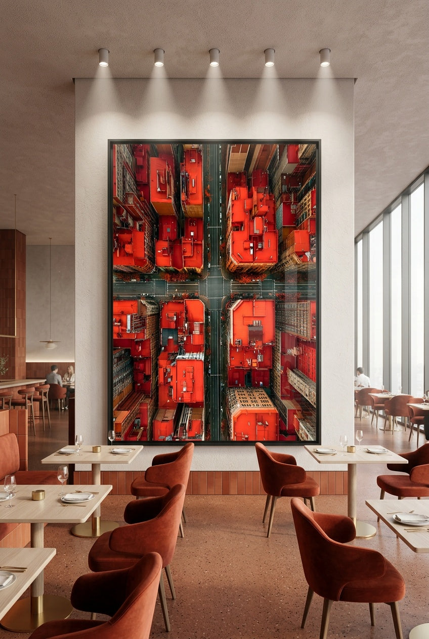 Décoration murale design en aluminium résistant, exposée dans un espace professionnel moderne. Un tableau en métal facile à nettoyer, parfait pour l'aménagement d'hôtels, de bureaux ou de salles d'attente médicales.