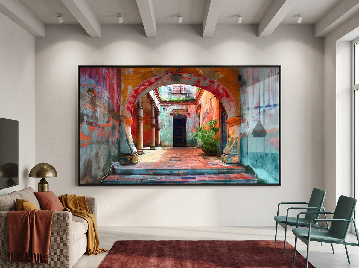 Grand tableau en aluminium HD représentant de l'art généré par IA, accroché aux murs.