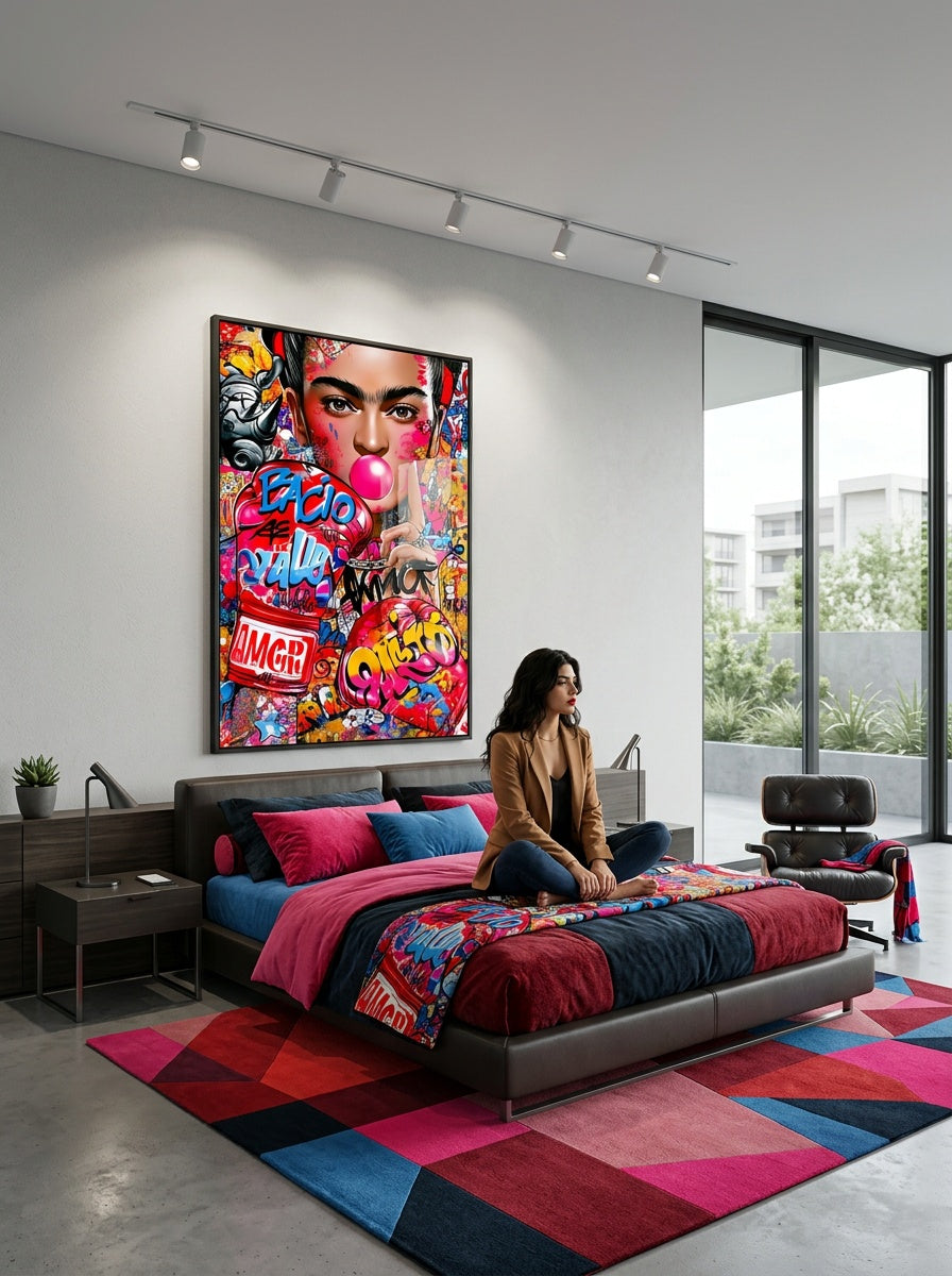 Tableau déco aluminium HD Art Frida exposé dans une chambre