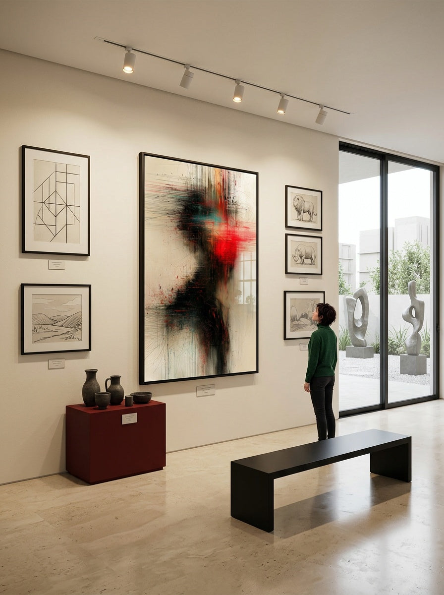 Tableau déco aluminium HD Ombre Écarlate exposé dans une galerie d'art
