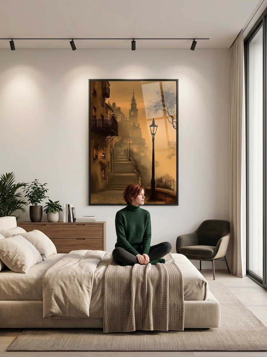 Tableau déco aluminium HD Ville Brumeuse exposé dans une chambre