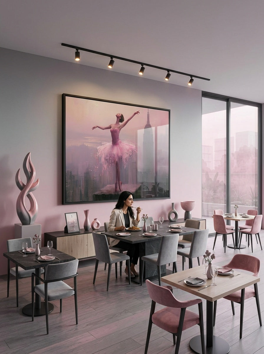 Tableau déco aluminium HD Danseuse Urbaine exposé dans un restaurant