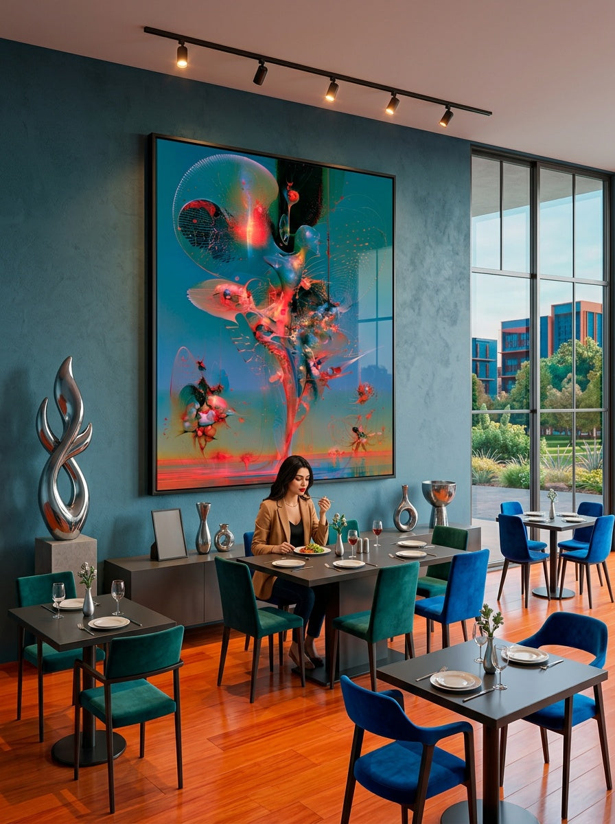 Tableau déco aluminium HD Éclosion Cosmique exposé dans un restaurant