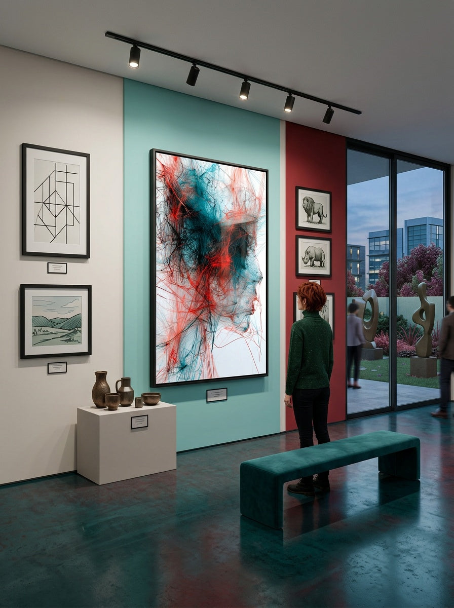 Tableau déco aluminium HD Filaments de l'Âme exposé dans une galerie d'art