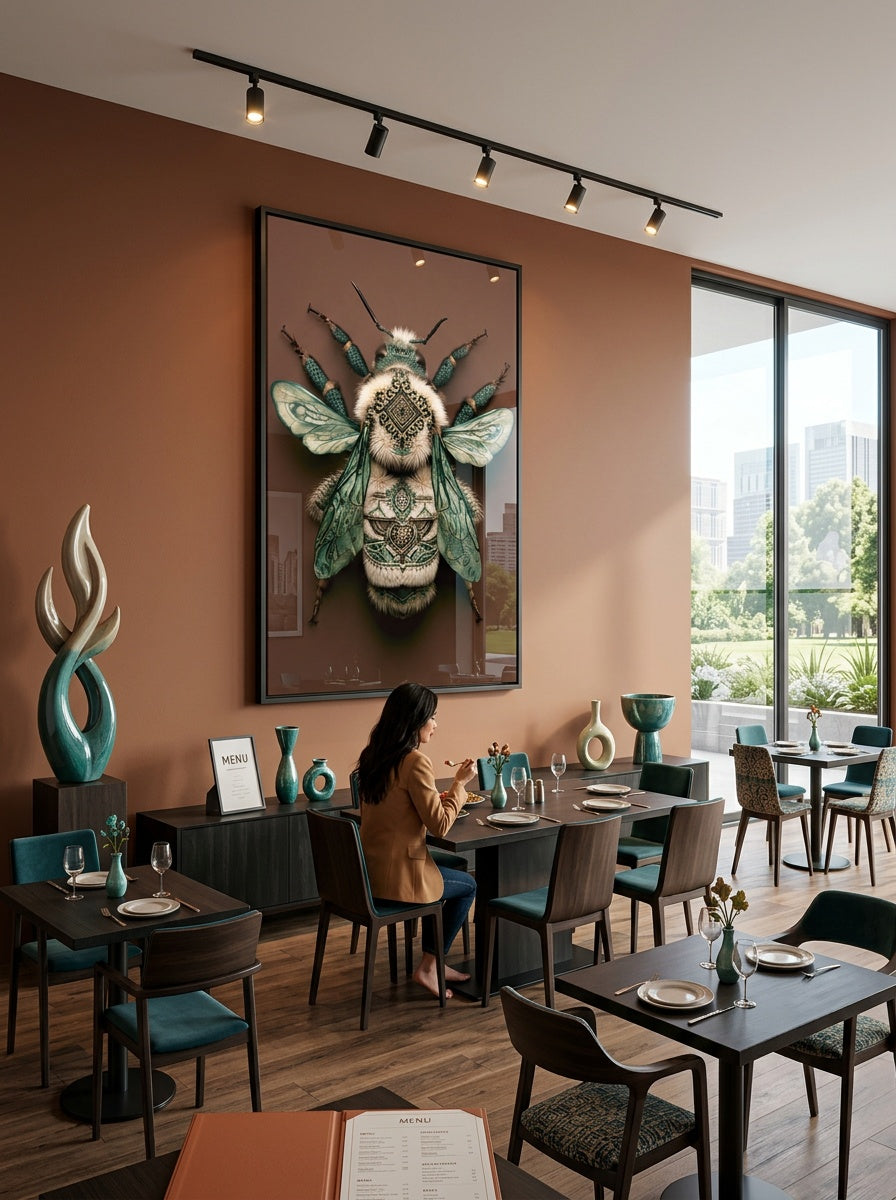 Tableau déco aluminium HD Abeille Ornementale exposé dans un restaurant
