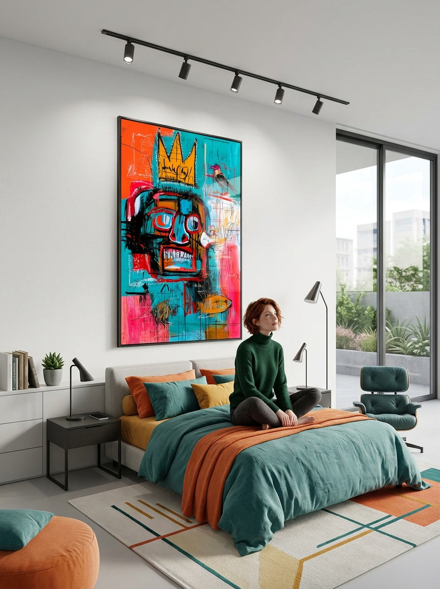 Tableau déco aluminium HD Roi Turquoise exposé dans une chambre