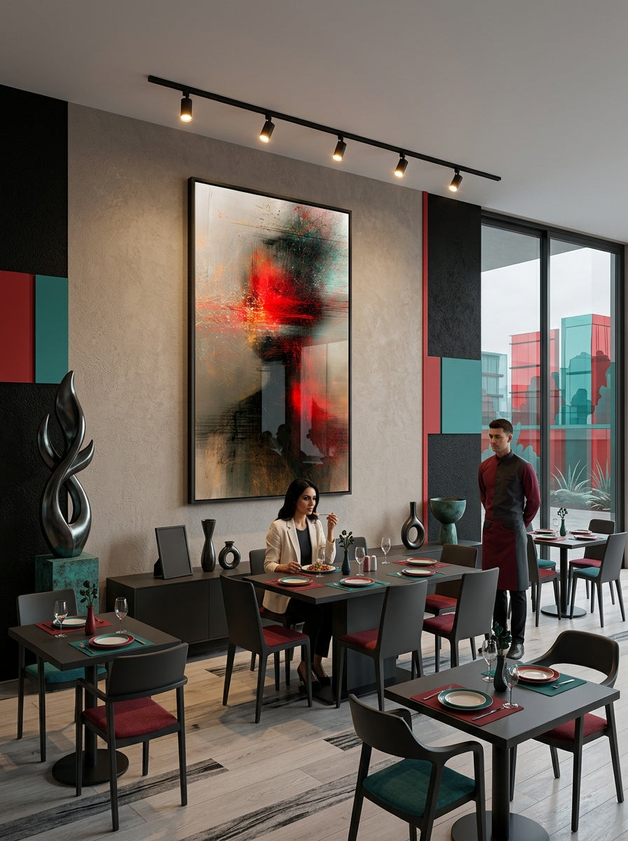 Tableau déco aluminium HD Art Abstrait exposé dans un restaurant