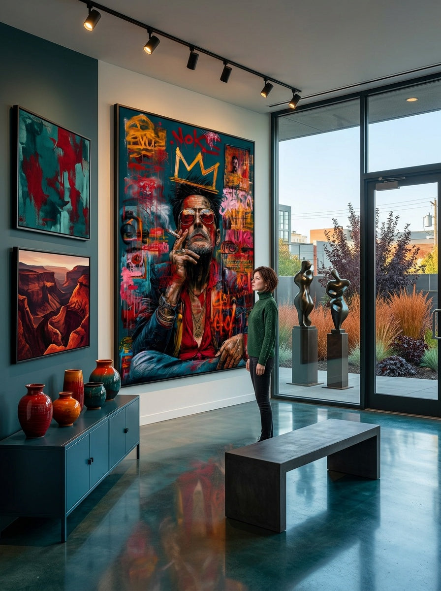 Tableau déco aluminium HD Homme Fumeur exposé dans une galerie d'art