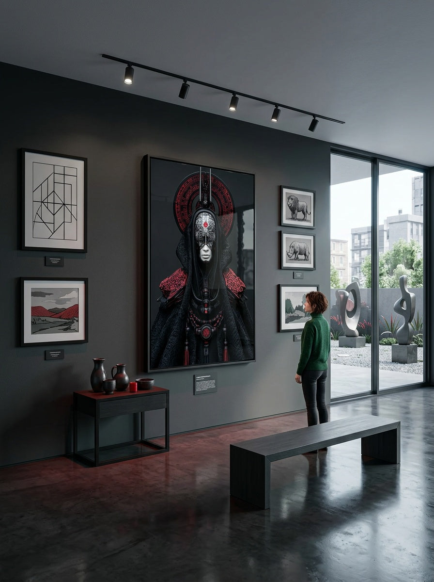 Tableau déco aluminium HD Prêtresse Cyborg exposé dans une galerie d'art