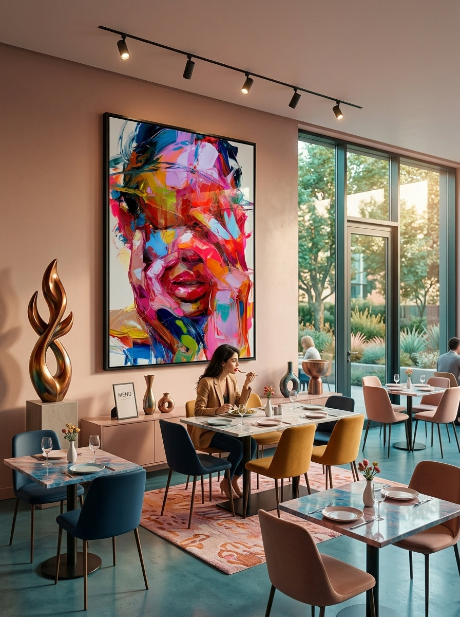Tableau déco aluminium HD Fièvre Chromatique exposé dans un restaurant