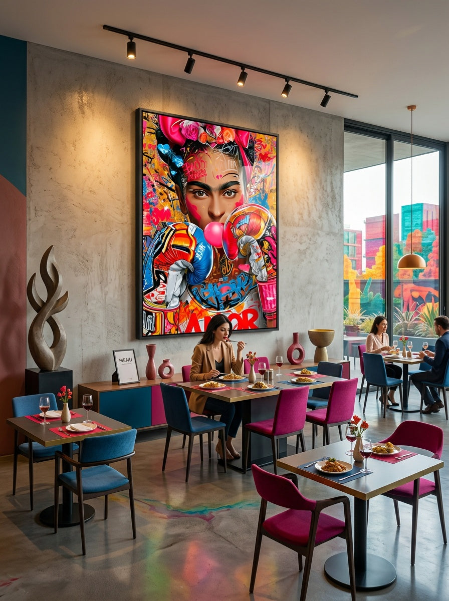 Tableau déco aluminium HD Frida Boxeuse exposé dans un restaurant