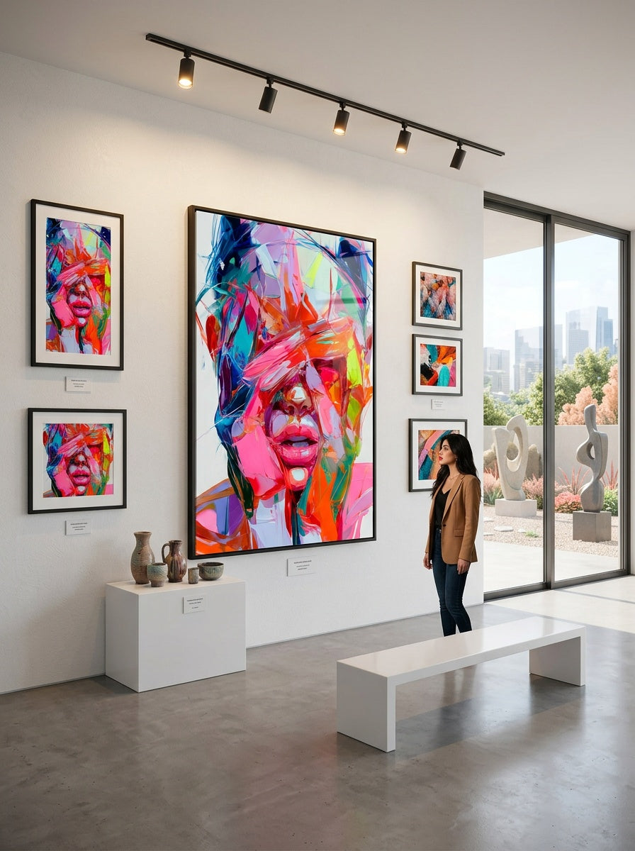 Tableau déco aluminium HD Visage Kaléidoscope exposé dans une galerie d'art