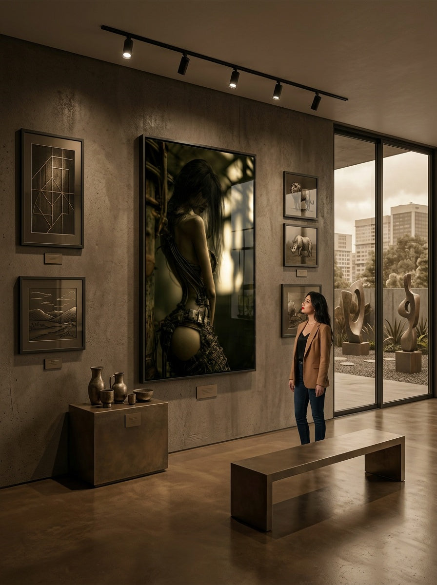 Tableau déco aluminium HD Muse de Rouille exposé dans une galerie d'art