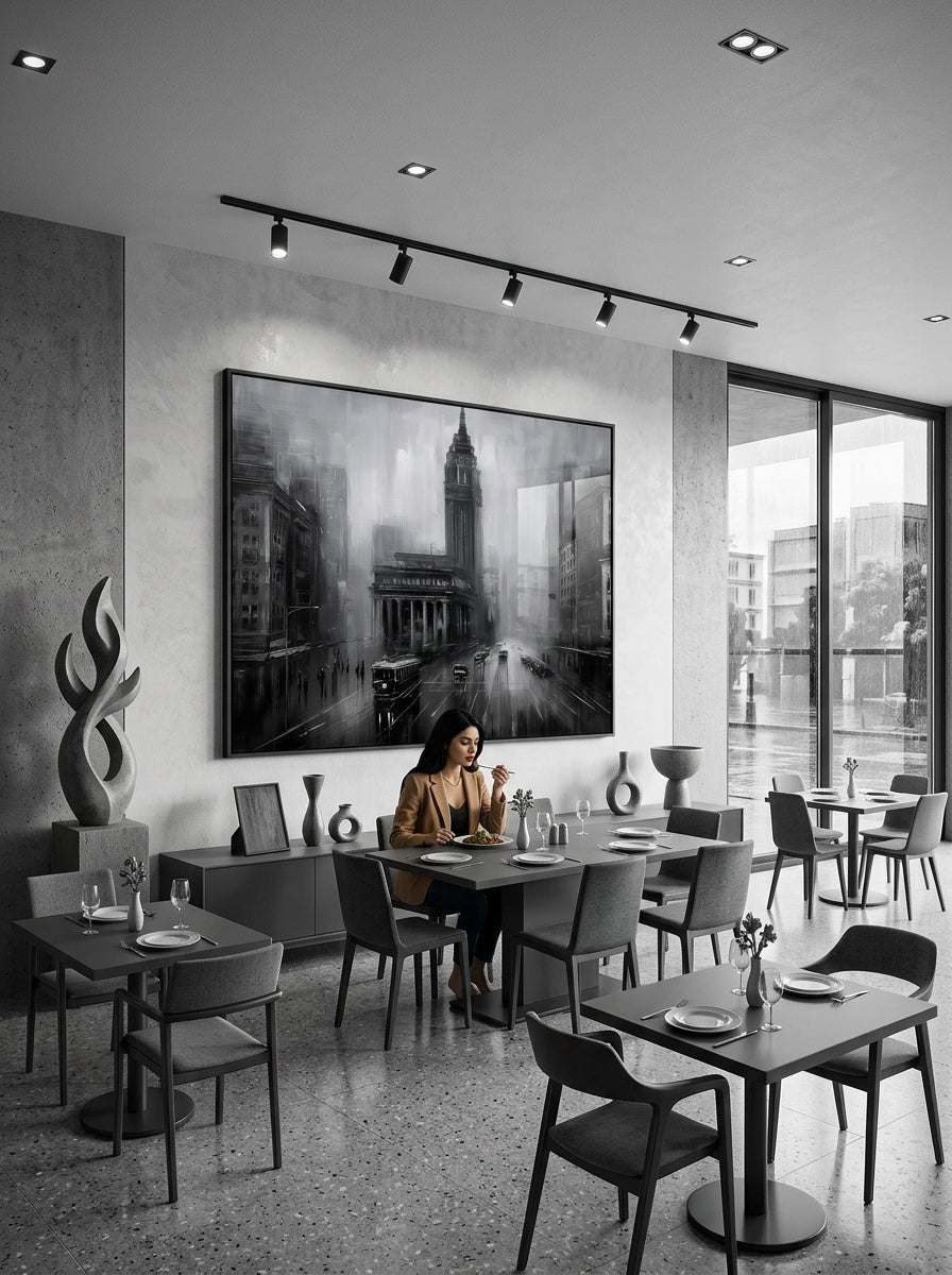 Tableau déco aluminium HD Cité sous la Pluie exposé dans un restaurant
